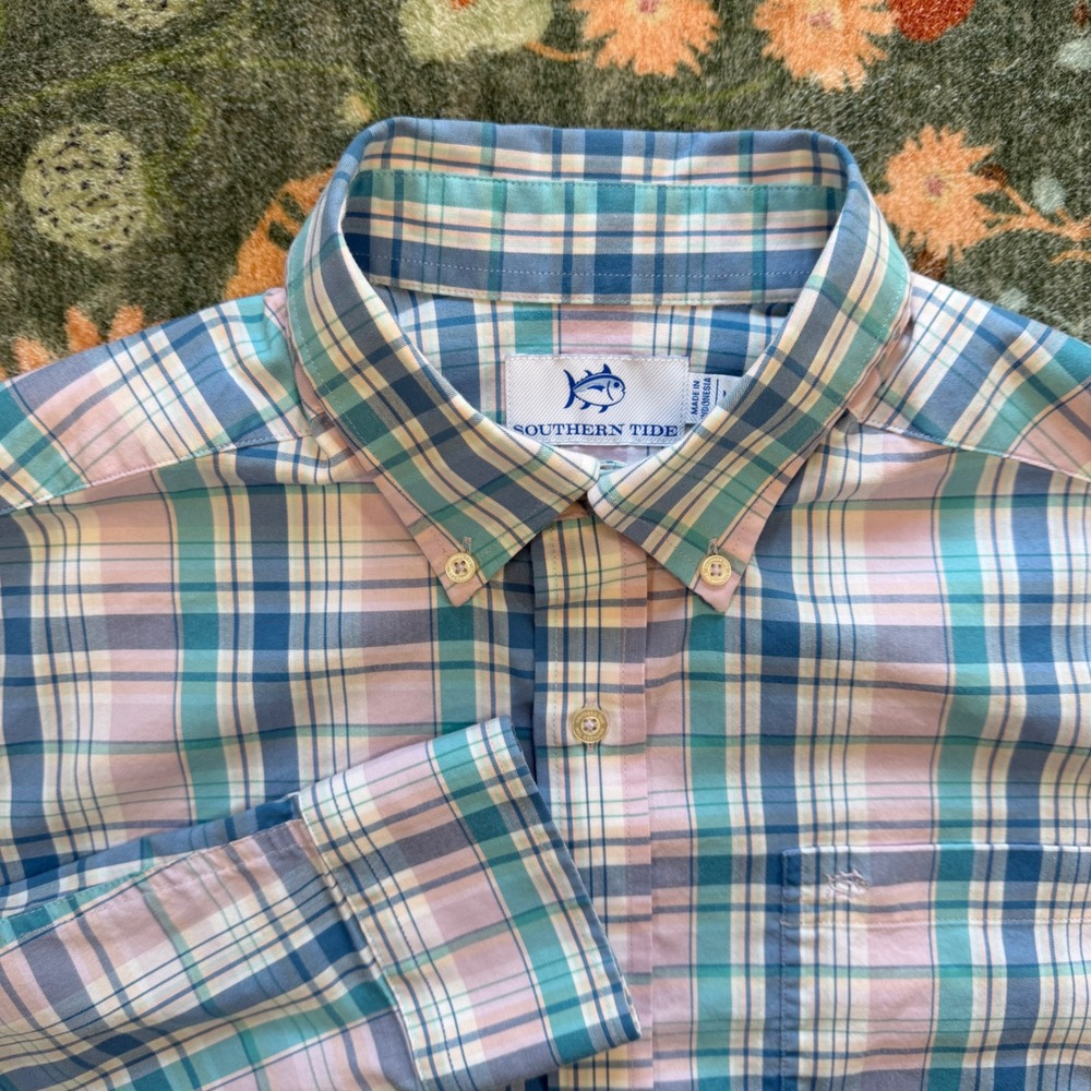 Southern Tide Mens Plaid Button Down Shirt Blue Pink Teal Performance Stretch M